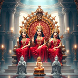 Three exquisite Hindu goddesses with divine, glowing skin, elegantly dressed in rich red sarees, smiling joyfully as they sit gracefully on a majestic throne within a stunning palace