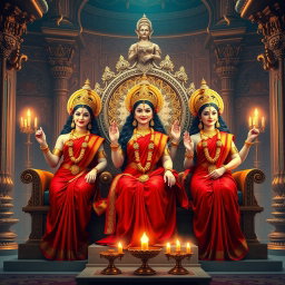 Three exquisite Hindu goddesses with divine, glowing skin, elegantly dressed in rich red sarees, smiling joyfully as they sit gracefully on a majestic throne within a stunning palace