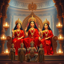 Three exquisite Hindu goddesses with divine, glowing skin, elegantly dressed in rich red sarees, smiling joyfully as they sit gracefully on a majestic throne within a stunning palace