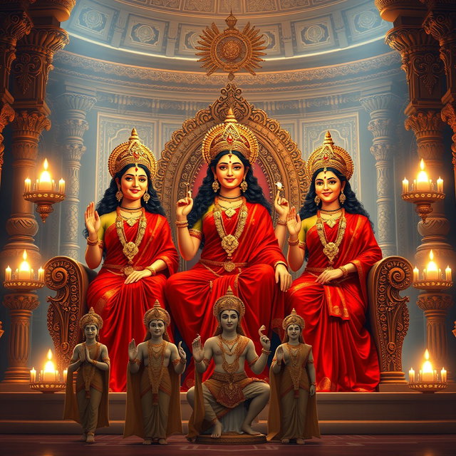 Three exquisite Hindu goddesses with divine, glowing skin, elegantly dressed in rich red sarees, smiling joyfully as they sit gracefully on a majestic throne within a stunning palace