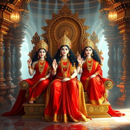 A breathtaking scene in a divine palace in Swarglok, showcasing three beautiful Hindu goddesses, or 'devi', with radiant, milk-glow skin