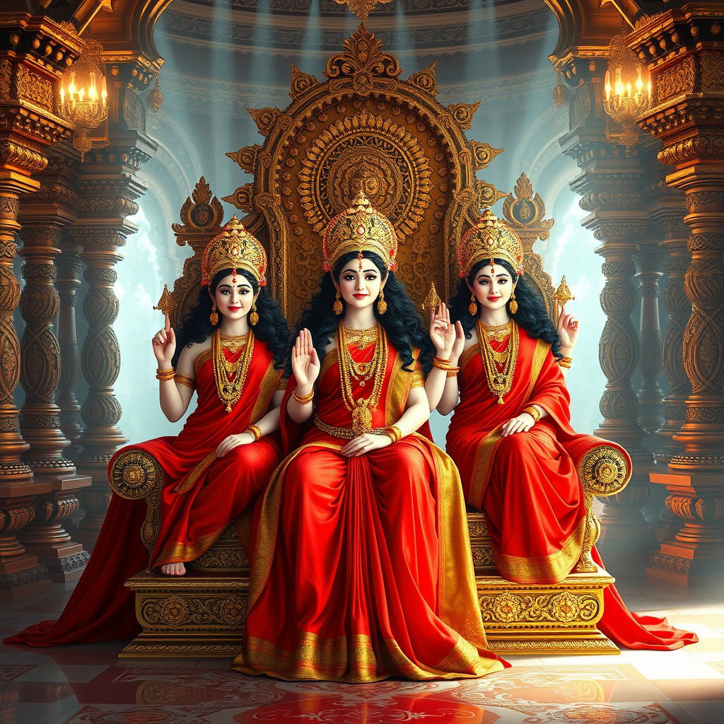 A breathtaking scene in a divine palace in Swarglok, showcasing three beautiful Hindu goddesses, or 'devi', with radiant, milk-glow skin