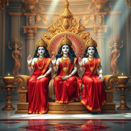 A breathtaking scene in a divine palace in Swarglok, showcasing three beautiful Hindu goddesses, or 'devi', with radiant, milk-glow skin