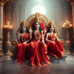 A breathtaking scene in a divine palace in Swarglok, showcasing three beautiful Hindu goddesses, or 'devi', with radiant, milk-glow skin