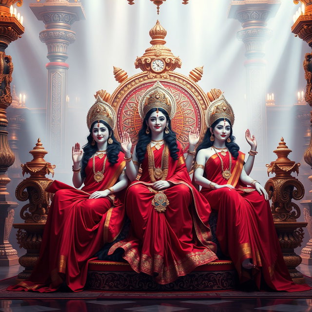 A breathtaking scene in a divine palace in Swarglok, showcasing three beautiful Hindu goddesses, or 'devi', with radiant, milk-glow skin