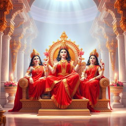 A stunning scene in a divine palace in Swarglok, featuring three beautiful Hindu goddesses, or 'devi', with radiant milk-glow skin