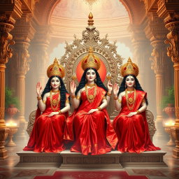 A stunning scene in a divine palace in Swarglok, featuring three beautiful Hindu goddesses, or 'devi', with radiant milk-glow skin