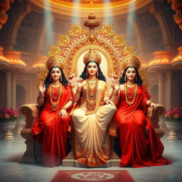A stunning scene in a divine palace in Swarglok, featuring three beautiful Hindu goddesses, or 'devi', with radiant milk-glow skin