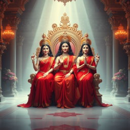 A stunning scene in a divine palace in Swarglok, featuring three beautiful Hindu goddesses, or 'devi', with radiant milk-glow skin