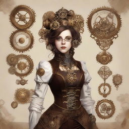 A girl dressed in intricate steampunk fashion, adorned with gears, goggles, and Victorian-era garments.