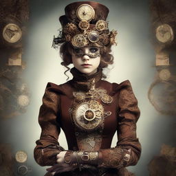 A girl dressed in intricate steampunk fashion, adorned with gears, goggles, and Victorian-era garments.