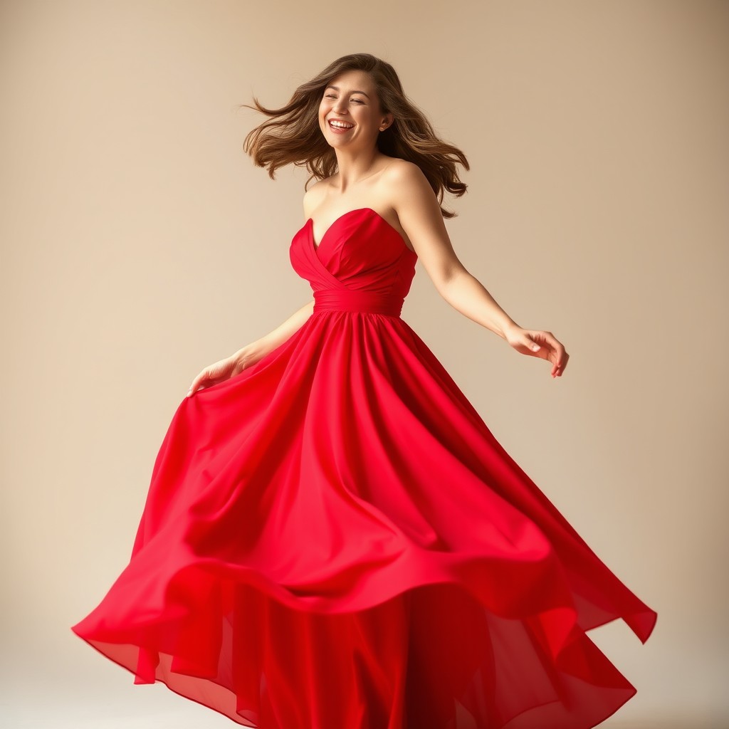 A cheerful woman wearing an elegant red long gown, gracefully dancing and laughing with joy