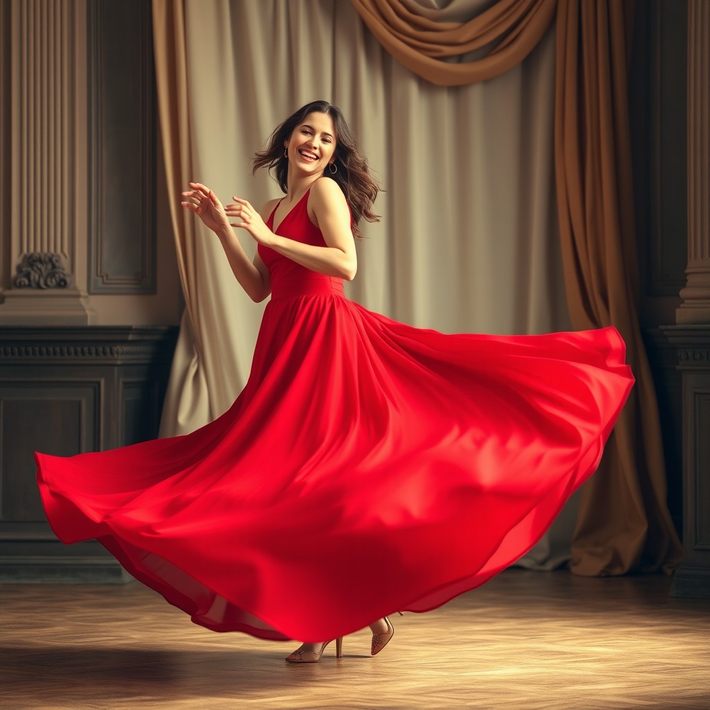 A joyful woman wearing a flowing red long gown, dancing and laughing gracefully in a classic setting reminiscent of the Old Masters