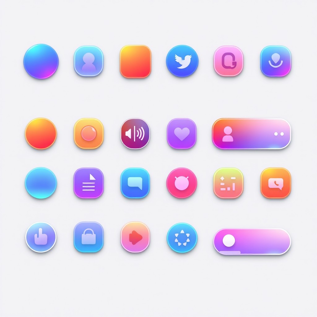 A collection of sleek and modern button icons designed for a user interface, featuring various shapes like circles, squares, and rounded rectangles