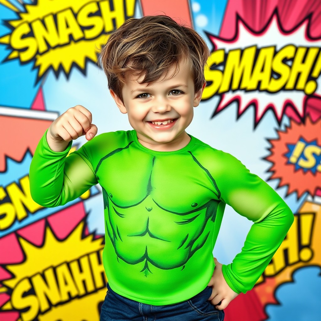 A young boy dressed as the incredible Hulk, wearing a bright green muscle suit that mimics the Hulk's physique