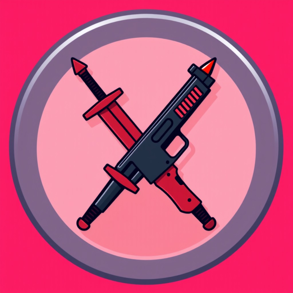 A 2D weapon shop icon designed for a button, featuring a stylized depiction of crossed weapons, specifically a sword and a gun