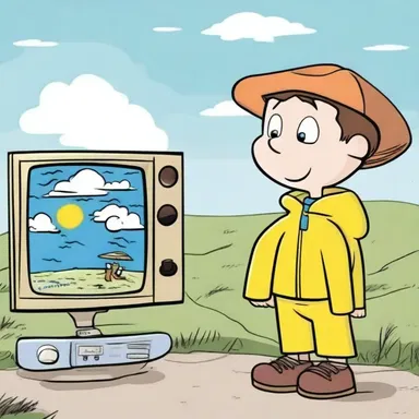 In the cartoon, the main character watched the weather forecast on TV to plan his outdoor adventure.