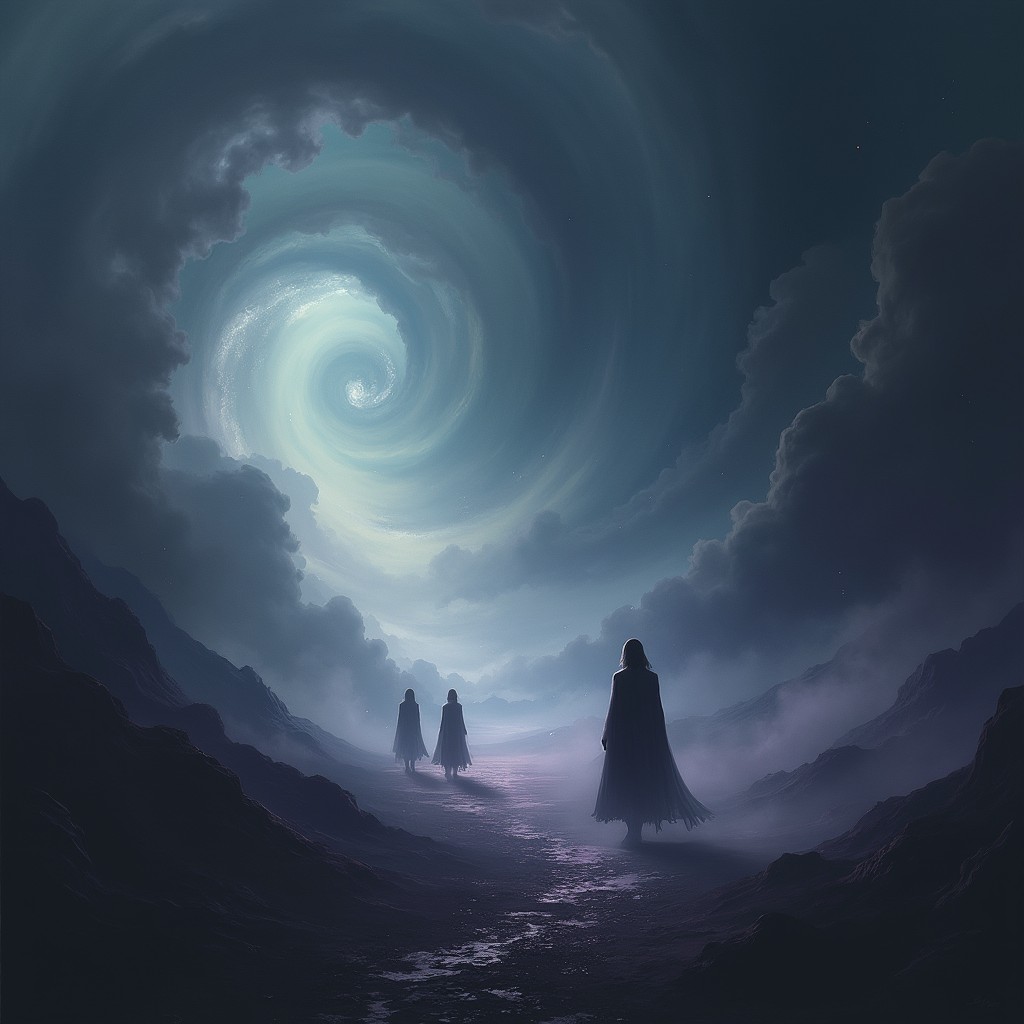 A mysterious, ethereal scene depicting an otherworldly landscape, where dark, swirling clouds hint at a realm beyond our understanding