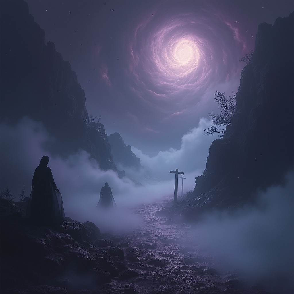 An enchanting and eerie landscape titled 'Whispers From the Void,' showcasing a dreamlike scene with swirling dark clouds overhead that hint at cosmic mysteries