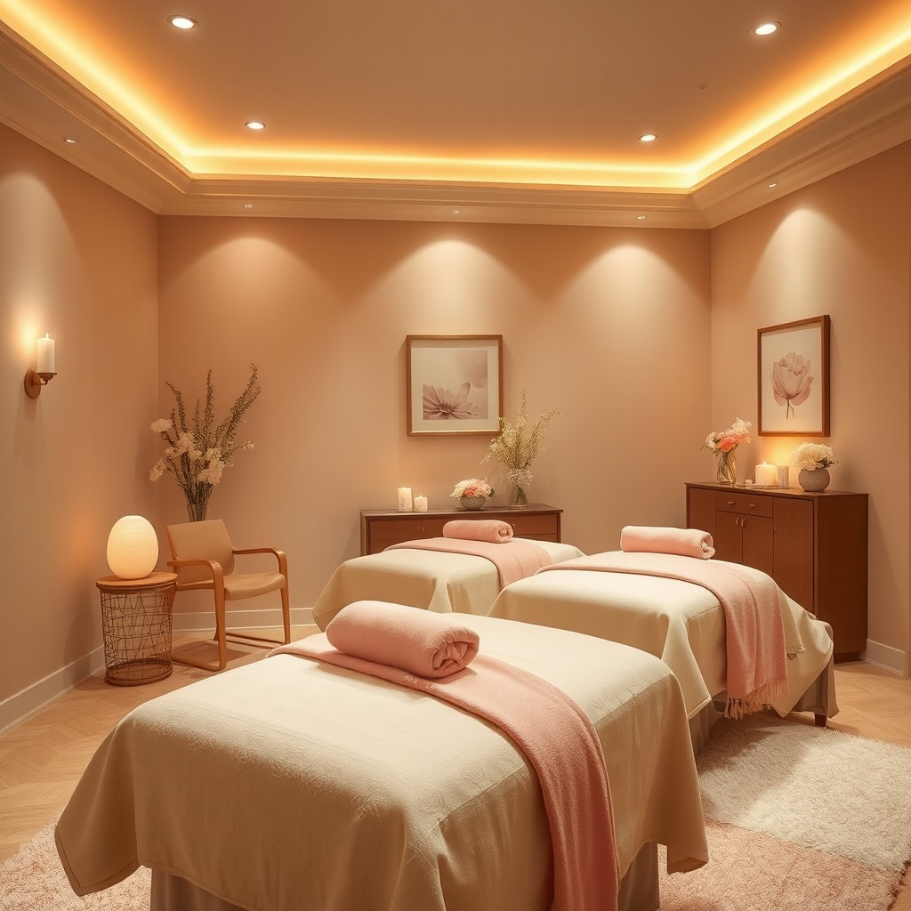A relaxing massage room featuring warm beige details and accents of soft pink