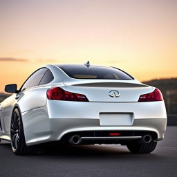 A realistic back/side view of a white Infiniti G37 Coupe, showcasing the sleek design and athletic curves of the vehicle