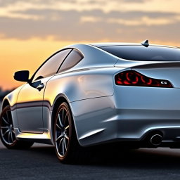 A realistic back/side view of a white Infiniti G37 Coupe, showcasing the sleek design and athletic curves of the vehicle