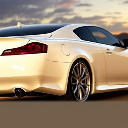 A realistic back/side view of a white Infiniti G37 Coupe, showcasing the sleek design and athletic curves of the vehicle