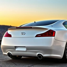 A realistic back/side view of a white Infiniti G37 Coupe, showcasing the sleek design and athletic curves of the vehicle
