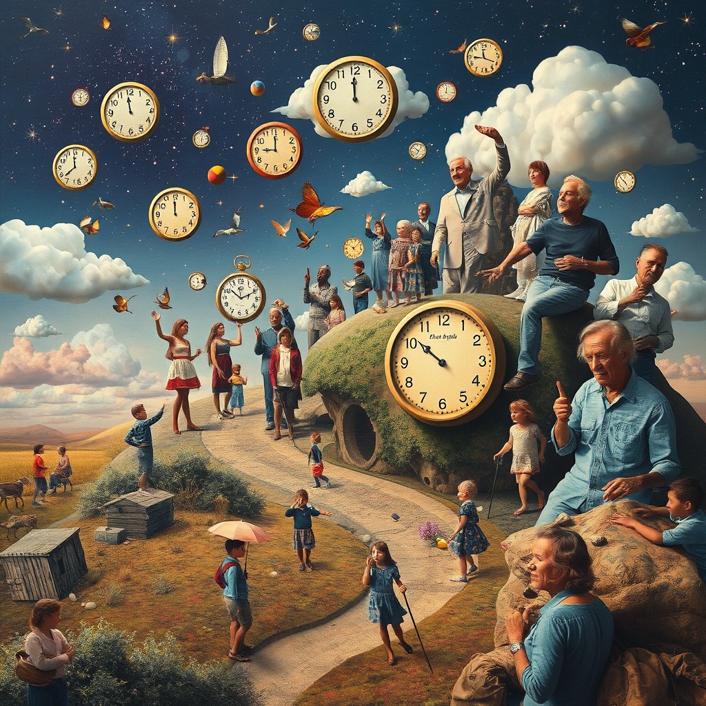 A surreal, dreamlike collage depicting the journey of life, featuring a diverse range of persons of different ages, from childhood to old age, interacting in a vibrant landscape filled with whimsical elements such as floating clocks, abstract shapes, and colorful patterns