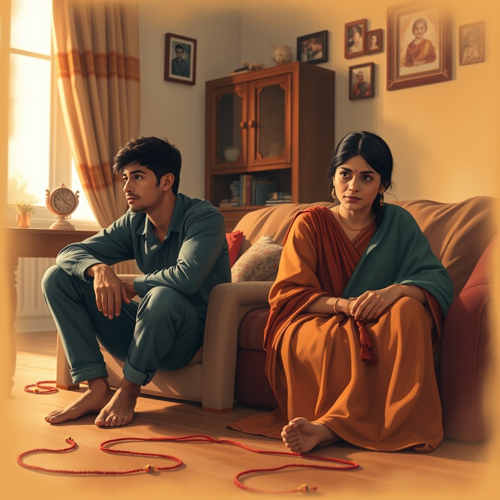 A thoughtful and emotional visual representation of the bittersweet feelings that can arise in sibling relationships after a festival like Rakhi