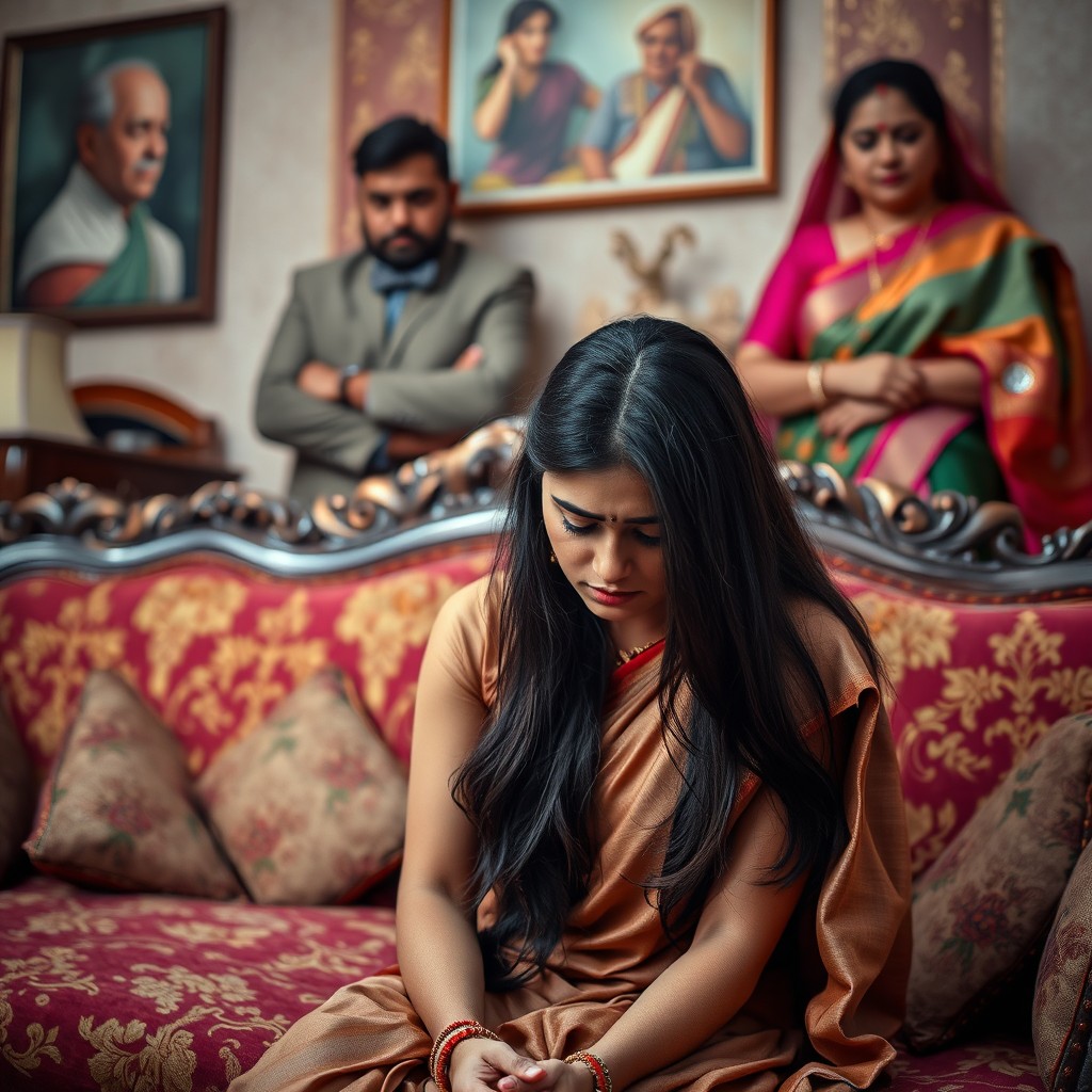 A poignant scene of an Indian woman sitting sadly on a richly decorated sofa in a traditional living room