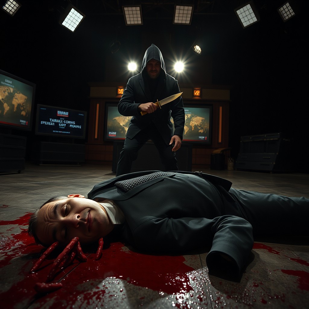 A grim scene depicting a dead man in a formal suit lying on the floor of a television studio, his body covered in blood and urine