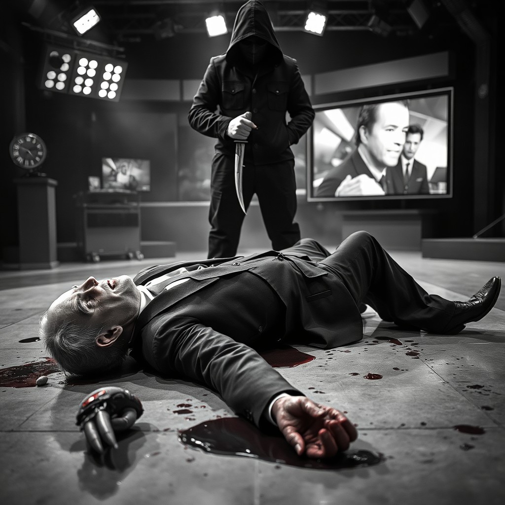 A striking black and white scene depicting a dead man in a formal suit lying on the floor of a television studio, his body covered in blood and urine