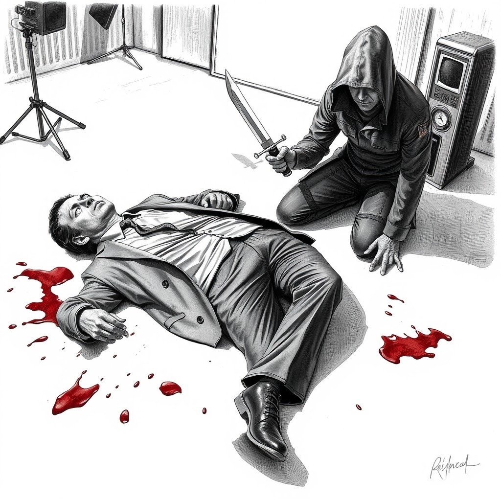 A dramatic black and white drawing illustrating a dead man in a formal suit lying on the floor of a television studio, his body marked with blood and urine, emphasizing the disturbing scene