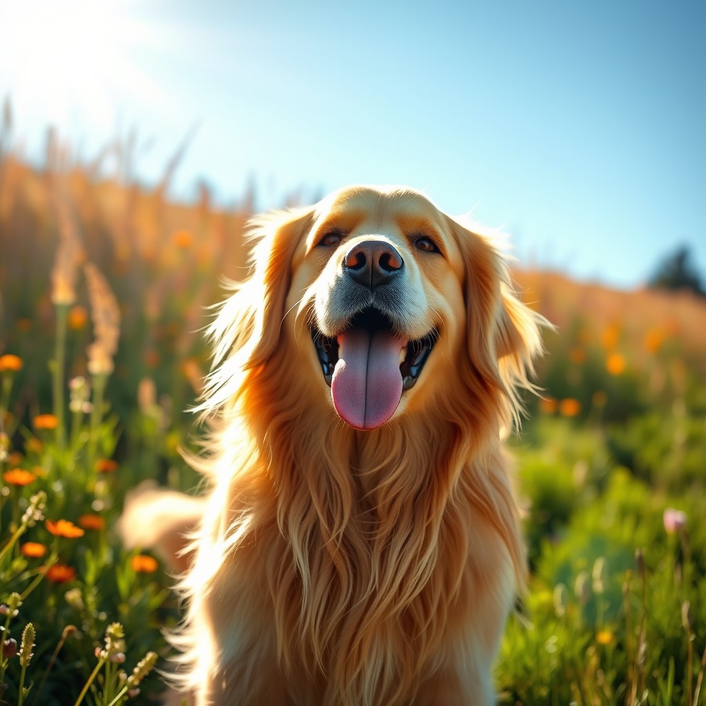 A majestic golden retriever standing in a sunlit meadow, with its fur glistening in the golden rays of the sun