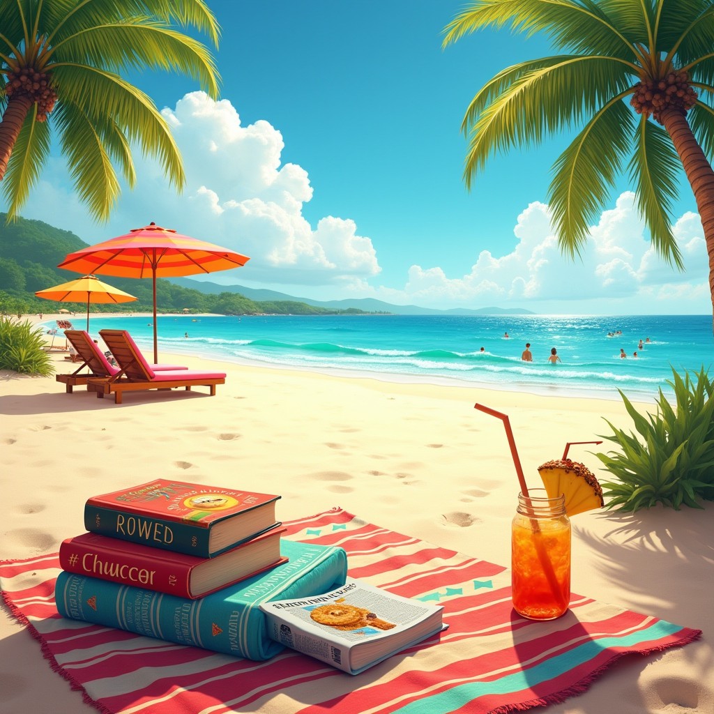 A picturesque summer beach scene, showcasing a wide expanse of golden sand and clear blue water
