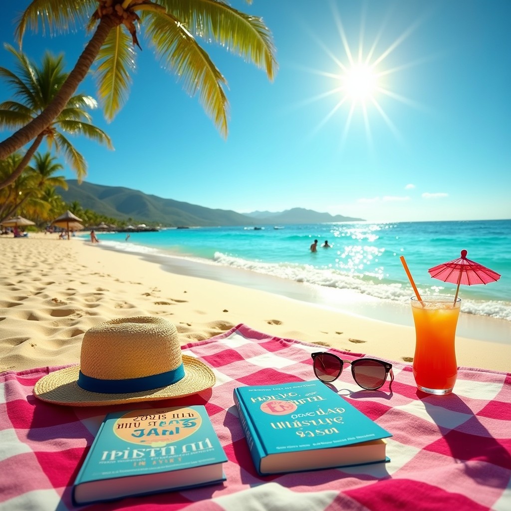 A tranquil summer beach scene, showcasing an inviting stretch of soft, golden sand with gentle waves rolling onto the shore