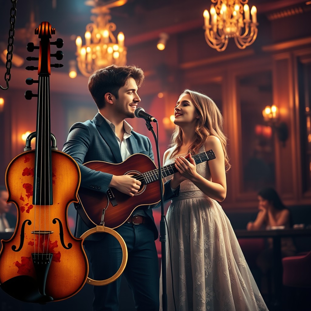 A beautiful, in-love couple stands on stage in a stunning club