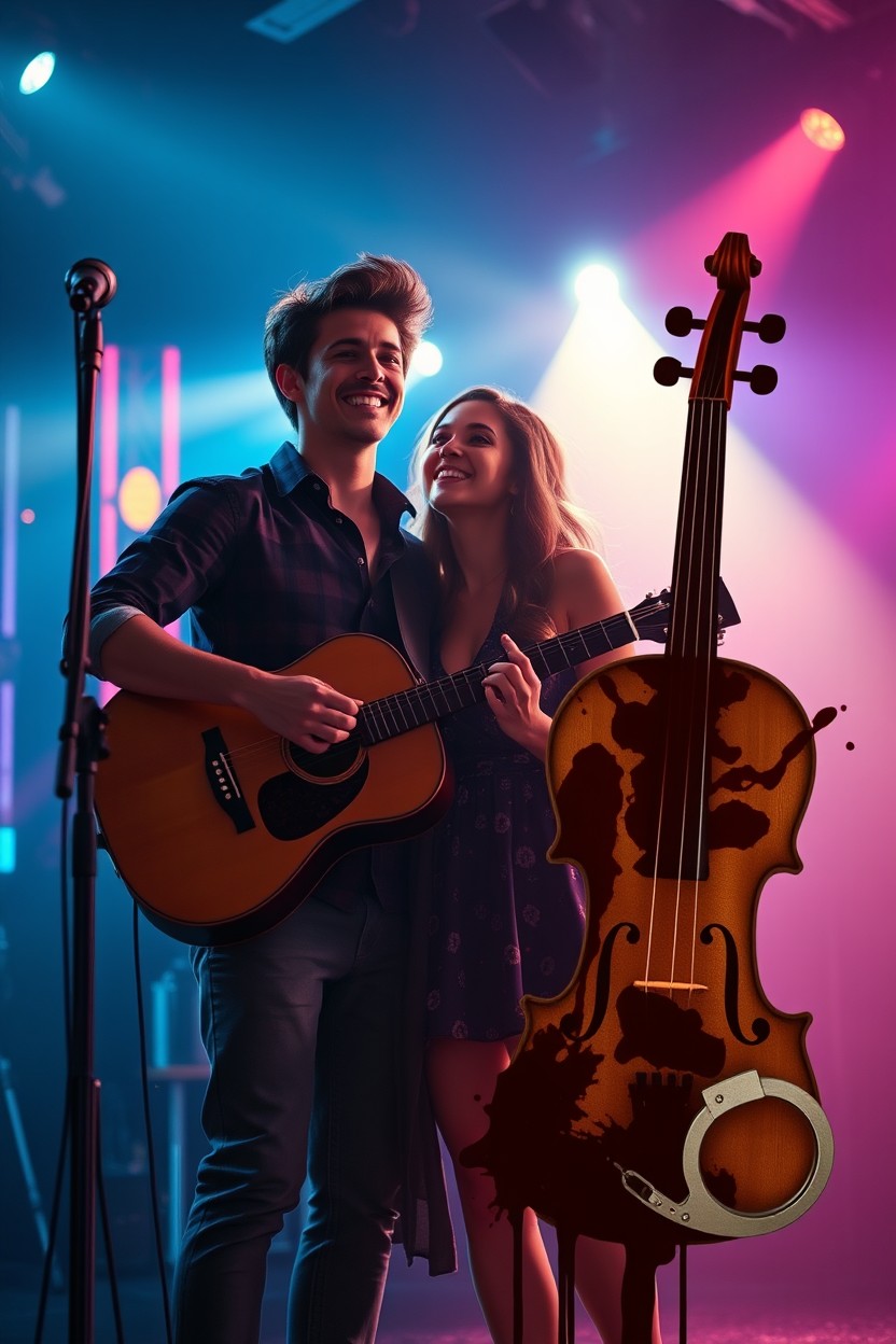 A very beautiful and in-love young couple standing on stage in a stunning club, the young man playing guitar and singing passionately, while the young woman joins him in harmony, creating an enchanting atmosphere