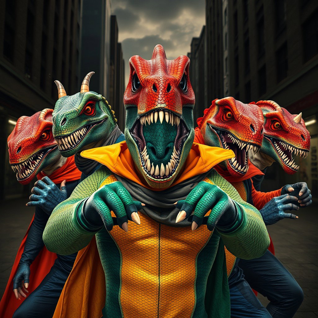An imaginative and striking scene showcasing a group of supervillains inspired by dinosaurs, each wearing creatively designed masks and gloves that reflect their prehistoric themes