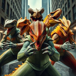 An imaginative and striking scene showcasing a group of supervillains inspired by dinosaurs, each wearing creatively designed masks and gloves that reflect their prehistoric themes