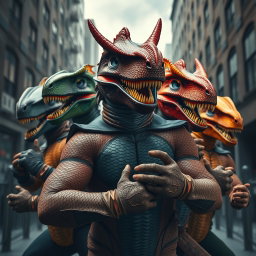 An imaginative and striking scene showcasing a group of supervillains inspired by dinosaurs, each wearing creatively designed masks and gloves that reflect their prehistoric themes