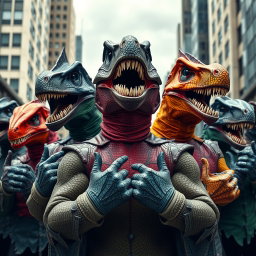 An imaginative and striking scene showcasing a group of supervillains inspired by dinosaurs, each wearing creatively designed masks and gloves that reflect their prehistoric themes