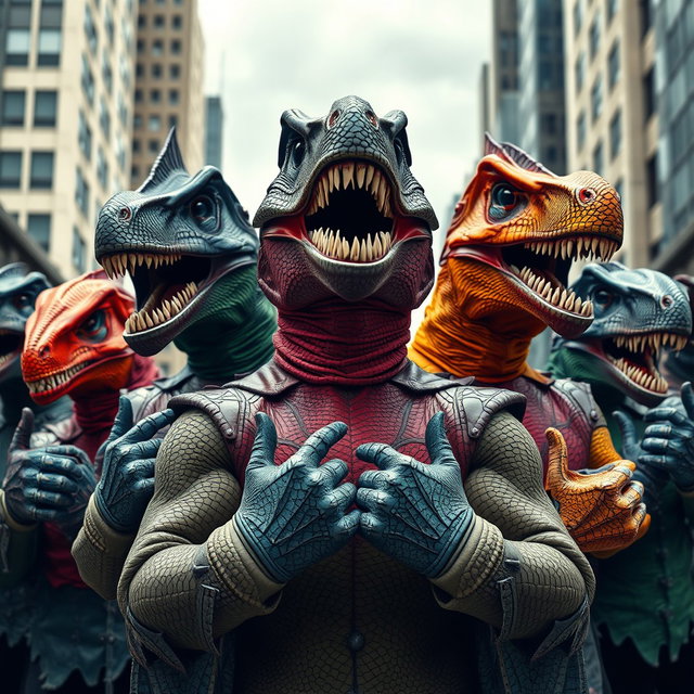 An imaginative and striking scene showcasing a group of supervillains inspired by dinosaurs, each wearing creatively designed masks and gloves that reflect their prehistoric themes