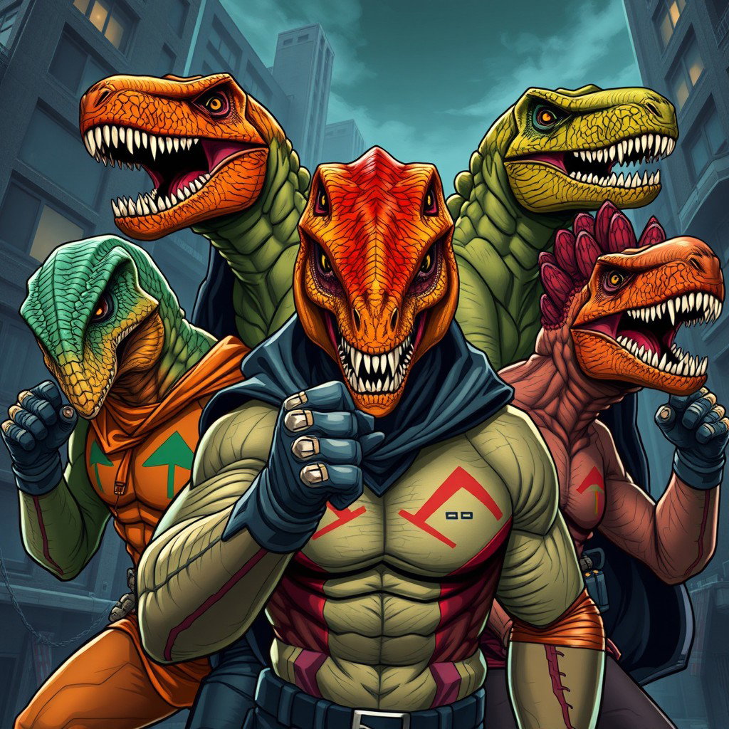An exciting illustration featuring a group of human supervillains inspired by dinosaurs, each wearing intricately designed masks and gloves that reflect their dinosaur-themed personas