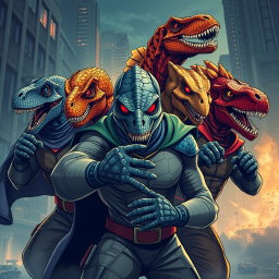 An exciting illustration featuring a group of human supervillains inspired by dinosaurs, each wearing intricately designed masks and gloves that reflect their dinosaur-themed personas