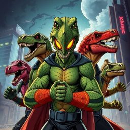 An exciting illustration featuring a group of human supervillains inspired by dinosaurs, each wearing intricately designed masks and gloves that reflect their dinosaur-themed personas