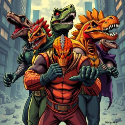 An exciting illustration featuring a group of human supervillains inspired by dinosaurs, each wearing intricately designed masks and gloves that reflect their dinosaur-themed personas