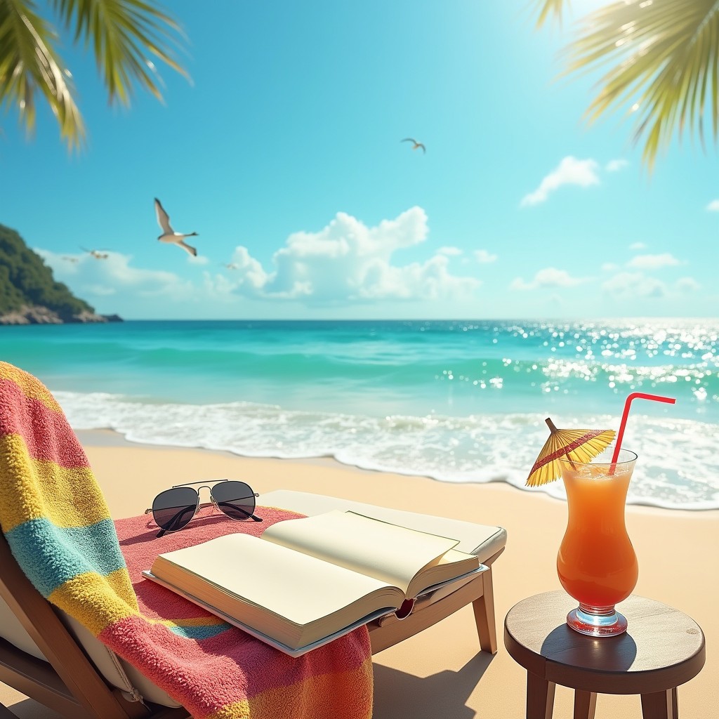 A tranquil summer beach scene, showcasing the perfect setting for reading
