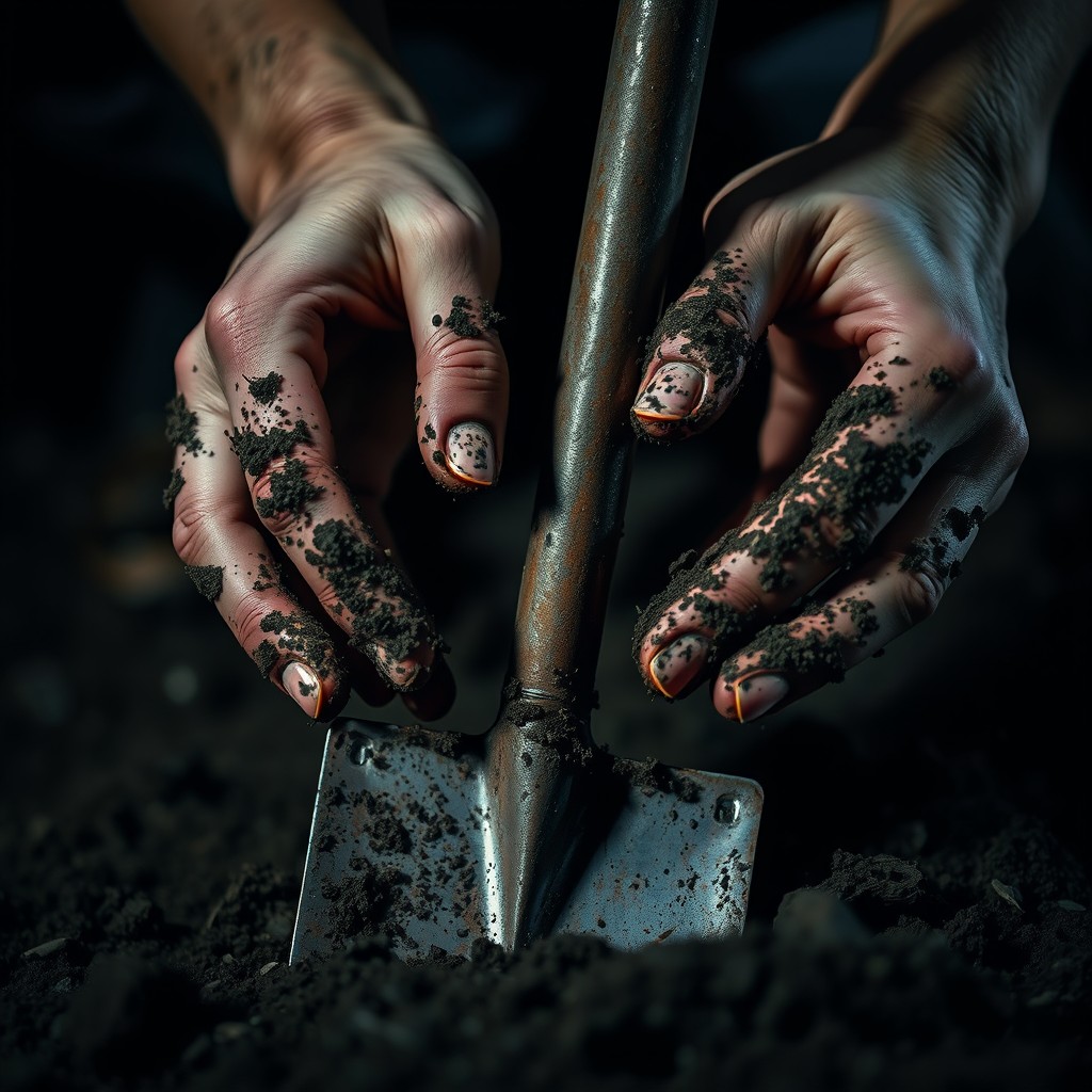 A suspense themed image featuring a pair of hands covered in dirt, as if recently digging